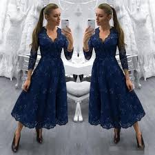 2019 Dark Navy V Neck Prom Dresses Lace Applique Beaded Tea Length 3 4 Long Sleeves Plus Size Formal Occasion Wear Evening Party Gowns City Triangles