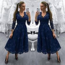 2019 dark navy v neck prom dresses lace applique beaded tea length 3 4 long sleeves plus size formal occasion wear evening party gowns city triangles