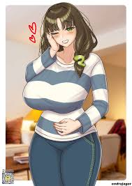 endrajager03, tsukushibara sumine, indie virtual youtuber, commentary,  english commentary, highres, 1girl, artist name, blue pants, breasts, brown  hair, collarbone, cowboy shot, glint, green eyes, hand on own cheek, hand  on own face,