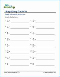 Grade 5 fraction equivalency 5.n.7 demonstrate an understanding of fractions by using concrete and pictorial representations to create sets of equivalent fractions compare fractions with like and unlike. Grade 5 Fractions Worksheets Simplifying Fractions K5 Learning