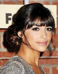 Hannah Simone S Low Bun Hairstyle With Blunt Bangs Awards Formal Party Prom Spring Wedding Careforhair Co Long Hair Styles Long Hair Tips Hair Styles