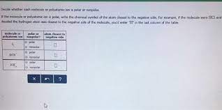 If the molecule or polyatomic ion is polar, write the chemical symbol of the atom closest to the negative side. Decide Whether Each Molecule Or Polyatomic Ion Is Chegg Com