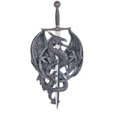 Sword wall plaque, french fleur de lis decor, crown medieval lion old world. Silver Dragon With Sword Wall Plaque 05 71332 Medieval Collectibles