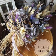 Gri Tonlarda Kuru Cicekli Gelin Buketi Buket Gelin Buketi Gelin