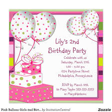 Birthday Party Invitation Card Sample Pink Ballons Girls 2nd Birthday Party Invitation Zazzle Com Invitation Card Birthday Girl Birthday Party Invitations 2nd Birthday Invitations