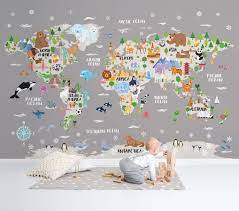 Animal World Map Removable Wallpaper Gray Kids Room Decor Nursery Map Decal Playroom Wall Art Kids World M Kids World Map Kids Room Grey World Map Wall Decal