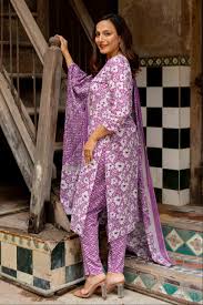 Lavender & White Floral Print Cotton Kurta Set for Women “ 2 Piece Cotton Ethnic Wear