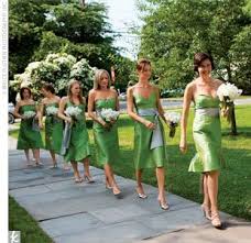 The Seven Bridesmaids Wore Dupioni Silk Dresses In Apple Green With Cloud Blue Accents By Saeyoung Green Bridesmaid Dresses Bridesmaid Colors Green Bridesmaid