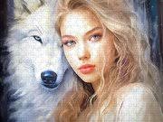 Siberian Girl and Tundra Wolf Saga Round Beach Towel by Lena Owens