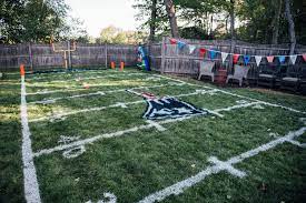 Make A Wish Surprises 7 Year Old With Patriots Themed Backyard Football Field And Gronk Backyard Football Party Outdoor Football Party Football Birthday Party