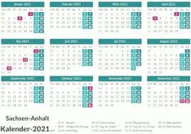 Dieser kalender 2021 entspricht der unten gezeigten grafik, also kalender mit kalenderwochen und feiertagen, enthält aber zusätzlich eine übersicht zum kalender, welcher feiertag in welchem bundesland gilt. Feiertage Sachsen Anhalt 2021