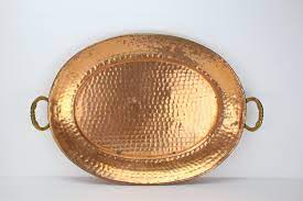 Prominent & leading manufacturer from moradabad, we offer tray metal decorative tray, brass round hammered tray, metal mirror plate makeup tray, brass. Vintage Large Oval Hammered Copper Serving Tray Brass Handles Metal Oblong Platter Serveware Oxidized Tableware Kitchen Decor Copper Serving Tray Brass Handles Hammered Copper
