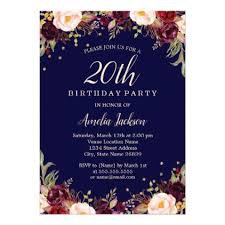 Birthday Party Invitation Card With Photo Burgundy Navy Elegant Floral 20th Birthday Party Invitation Zazzle Com 20th Birthday Party Birthday Party Invitations Invitation Card Party