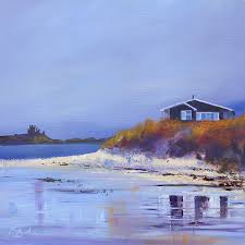 Art oil painting seascape lighthouse by the beach with sunset ocean waves canvas. Northumberland Paintings Ruth Bond Northumbrian Artist