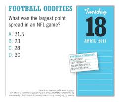 I said one and it said that was an incorrect answer and that the correct answer is zero not . 365 Days Of Football Trivia Page A Day Calendar 2017 Marcus Jeff 9780761188087 Amazon Com Books