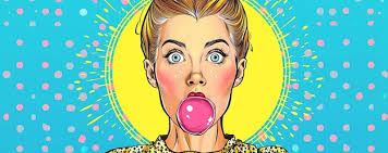 Eine Karikatur einer Frau mit einem rosa Ball im Mund