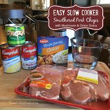 Brown pork chops in a medium skillet over medium heat. Easy Slow Cooker Smothered Pork Chops With Mushroom And Onion Gravy Sweet Little Bluebird