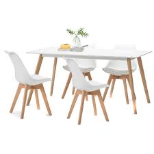 A simple white table setting. White Scandi Dining Table Set With 4 White Padded Eames Chairs Temple Webster