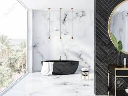 A wide variety of black marble bathtub options are available to you, such as project solution capability, drain location, and function. White Marble And Black Wood Bathroom Interior With A Black Bathtub Stock Photo Picture And Royalty Free Image Image 108522160