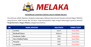 Sekiranya anda berminat untuk mengetahui lebih lanjut mengenai info jawatan kosong yang ditawarkan ini, sila klik pautan yang disediakan di bawah. Pengambilan Jawatan Kosong Di Negeri Melaka Kelayakan Spm Diploma Ijazah Ejawatankini Com