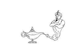 Genie Coming Out Of Oil Lamp Black A Black And White Drawing Retro Illustration Black Lamps
