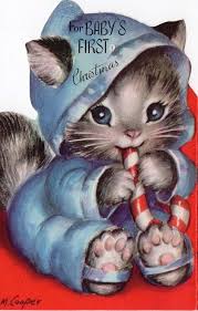 Diecut Kitty Cat Kitten Candy Cane Marjorie Cooper Vtg Christmas Greeting Card Vintage Christmas Cards Cat Christmas Cards Christmas Kitten