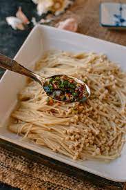 Enoki Mushrooms With Garlic Scallion Sauce Recipe Recipes Enoki Mushroom Recipe Mushroom Recipes