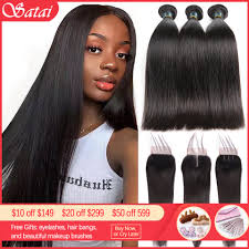 The fashioning of hair can be considered an aspect of personal grooming, fashion, and cosmetics, although practical, cultural, and popular considerations also influence some hairstyles. Satai Straight Hair Bundles With Closure Remy Human Hair 3 Bundles With Closure Brazilian Hair Weave Bundles 30 Inch Bundles Color Transparent Lace Length 08 10 12 With 08