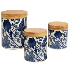 American atelier pirouette 4piece canister set blue white. Certified International Blue Indigo 3 Piece Canister Set With Wooden Lids 24353 The Home Depot Kitchen Canister Sets Kitchen Canisters Kitchen Canister Set