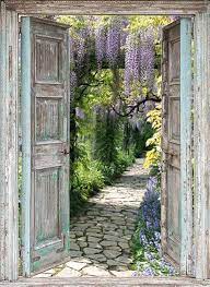 bol com tuindoek 95x130 cm doorkijk openslaande houten deuren naar laan met blauwe regen tuinposter tuin decoratie tuin
