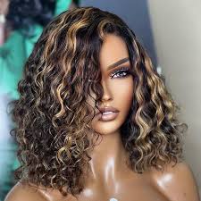 Highlight Honey Blonde Deep Curly 13x4 Lace Front Bob Wig Glueless Human  Hair Wig