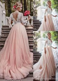 Discount 2019 A Line Blush Pink Wedding Dresses With 3 4 Long Sleeves Tulle Skirt Lace Country Wedding Dress V Neck Bridal Gowns Cheap Vintage A Line Wedding Dr Blush Pink Wedding