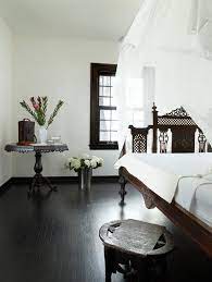 I Dig This Vibe Black Wood Floors White Wall Bedroom Blue Bedroom Design