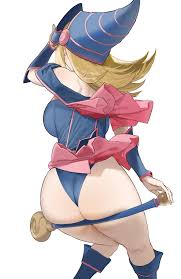 shinjiro, dark magician girl, yu-gi-oh!, highres, 1girl, ass, bare  shoulders, blonde hair, blue dress, blue panties, boots, breasts, capelet,  dress, duel monster, fingernails, from behind, hand up, hat, large breasts,  long hair,