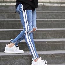 Men Denim Ripped Hole Jeans Side Striped Line Jeans Fashion Hip Hop Skinny Pencil Jeans For Men Stretch Ankle Zi Denim Jeans Men Striped Jeans Skinny Jeans Men