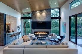 Designer Gas Fireplaces Linear Gas Fireplace Living Room With Black Leather Chairs Coun Contemporary Fireplace Contemporary Living Room Design Fireplace Design