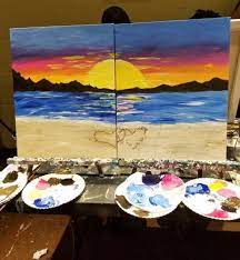 Date Night Paintings You And Your Date Paint Separate Canvases When Placed Together They Match Up Night Painting Couples Canvas Painting Canvas Painting Diy