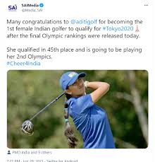 19 hours ago · tokyo, (august 4, 2021): Aditi Ashok Becomes 1st Female Indian Golfer To Qualify For Tokyo Olympics