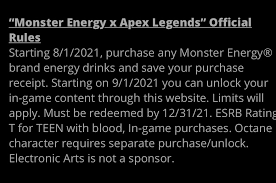 Ce site utilise des cookies pour l'analyse, ainsi que pour les contenus et publicités personnalisés. Apex Legends News On Twitter According To The Promotion Rules Any Monster Energy Brand Drink Purchased From Today Can Be Redeemed So You May Not Need To Have One Of The