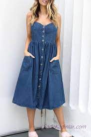 2019 Onden Dugmeli Elbise Modelleri Lacivert Kot Midi Askili Cepli Kiyafet Kombinleri The Dress Elbise Modelleri Elbise