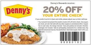 Get 20 Off Entire Check In Store Printable Denny S Coupon Dennys Coupons Fast Food Coupons Restaurant Coupons