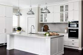 Shaker Hamptons Style Kitchen White Cabinets Cup Ups Chrome Nautical Lighting Large Kitchen Kitchen Inspiration Design Hamptons Kitchen Kitchen Renovation