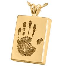 Custom photo engraved jewelry that makes memories last a lifetime. Handprint Rectangle Solid 14k Gold Cremation Pendant Necklace