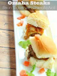 Omaha Steaks Bison Sliders With Chipotle Aioli And Caramelized Onions Girl And The Kitchen Recipe Best Superbowl Food Omaha Steaks Appetizer Recipes