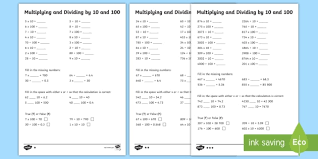 Multiplying And Dividing By 10 And 100 Activity Sheets