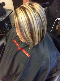 Blonde Chunky Highlight With A Mocha Brown Base On Short Bob Haircut Hair Styles Hair Color Highlights Chunky Blonde Highlights