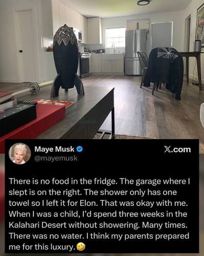 Elon Musk's mom says her billionaire son has just one towel, no food in the  fridge, and she sleeps in the garage — and she's “okay with it.”