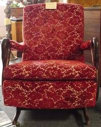 Vintage Rocker With Carved Gooseneck Armrests In A Nubbly Red Flower Print Reupholstery Furniture Platform Rocker