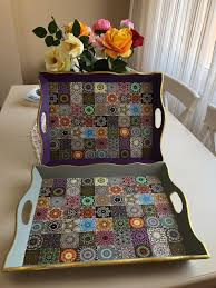 Cadence Cini Desenli Pirinc Dekupaj Ahsap Tepsilerim Mozaic Sanati Tepsi Ahsap Isleri