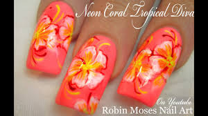 For more information about decorating with color trends, visit framedart.com. Neon Hot Bright Coral Diva Nails Yellow Flowers Nail Art Design Youtube